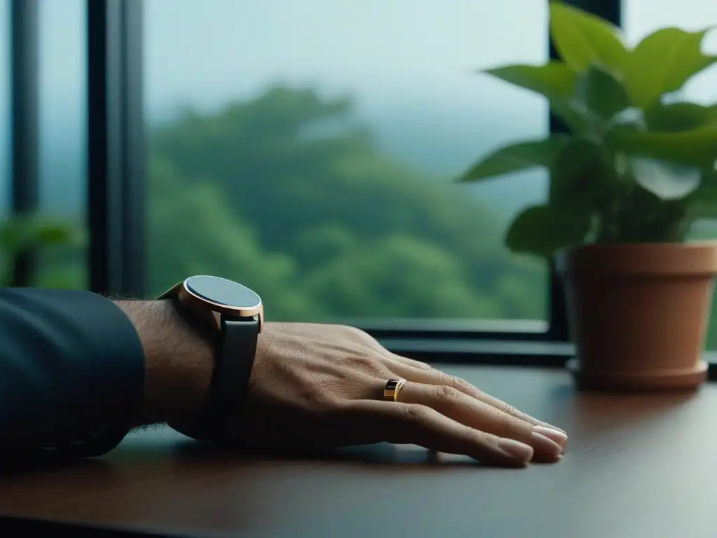 Smartwatch de diseño elegante y app de mindfulness en un entorno sereno Un smartwatch premium de diseño elegante junto a una planta verde, irradiando serenidad