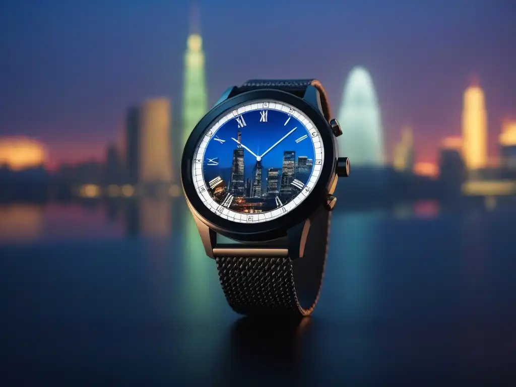 Reloj inteligente de lujo con diseño personalizable y detalles metálicos en skyline urbano Smartwatch premium con diseño exclusivo y elegante, reflejando una ciudad vibrante al anochecer