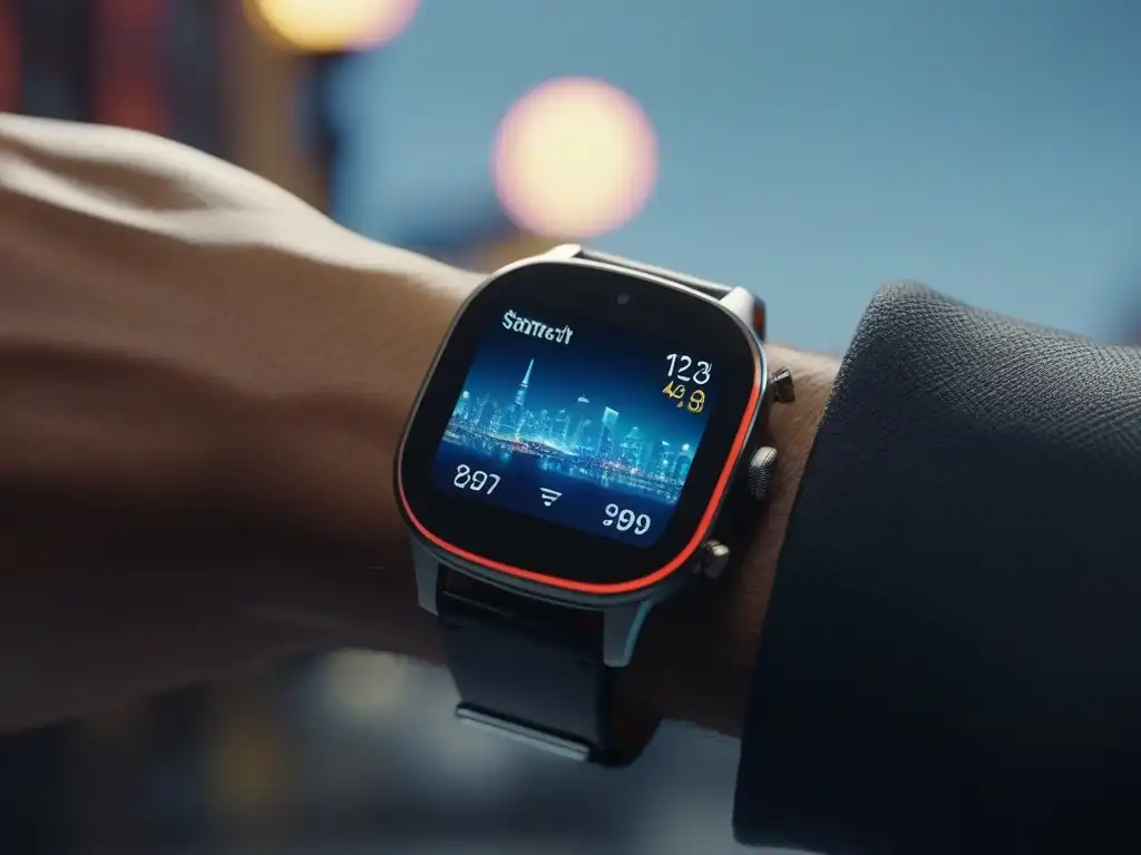 Smartwatch de lujo en mapa mundial: tecnología y viajes Un smartwatch premium sobre un mapa mundial, con una ciudad en la pantalla