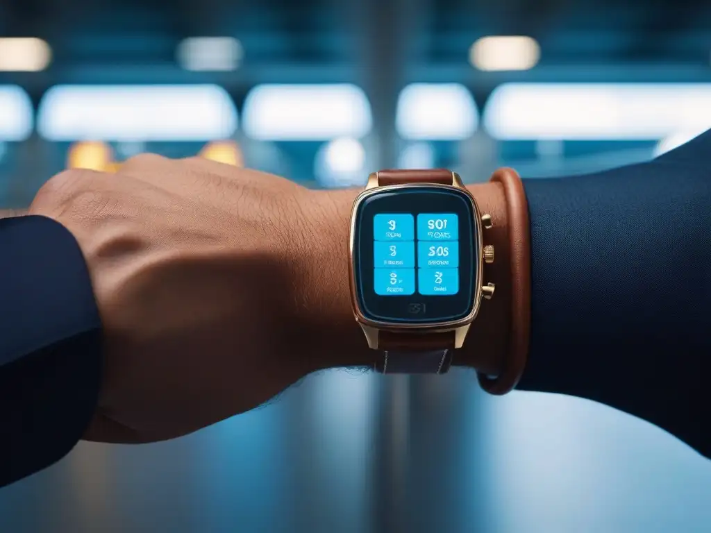 Smartwatch de lujo en aeropuerto Un smartwatch premium para viajeros con múltiples zonas horarias y notificaciones, en un bullicioso aeropuerto