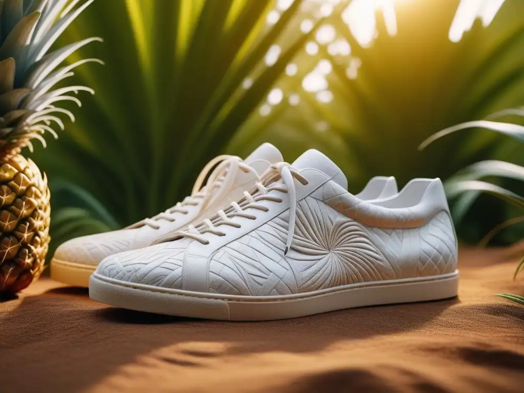 Zapatilla ecológica de Piñatex en plantación de piñas Un sneaker futurista de Piñatex en plantación de piñas con patrones de tejido y reflejos verdes, revolucionando la moda sostenible