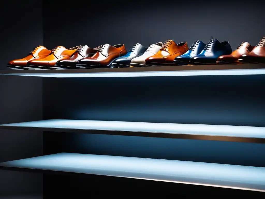 Exclusiva colección de zapatos de diseñador para el hombre moderno Colección sofisticada de zapatos de diseñador para hombre en estantes minimalistas
