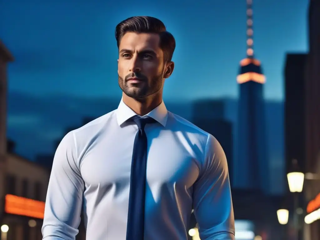 Camisa elegante para hombres altos: estilo y confianza en la ciudad Sofisticado individuo alto destaca en camisa bien ajustada, consejos camisas personas altas