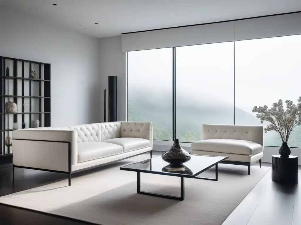 Sofisticado salón minimalista en blanco: lujo y elegancia Sofisticado salón minimalista de lujo, con elegante sofá blanco, arte minimalista y ventanales que irradian luz natural