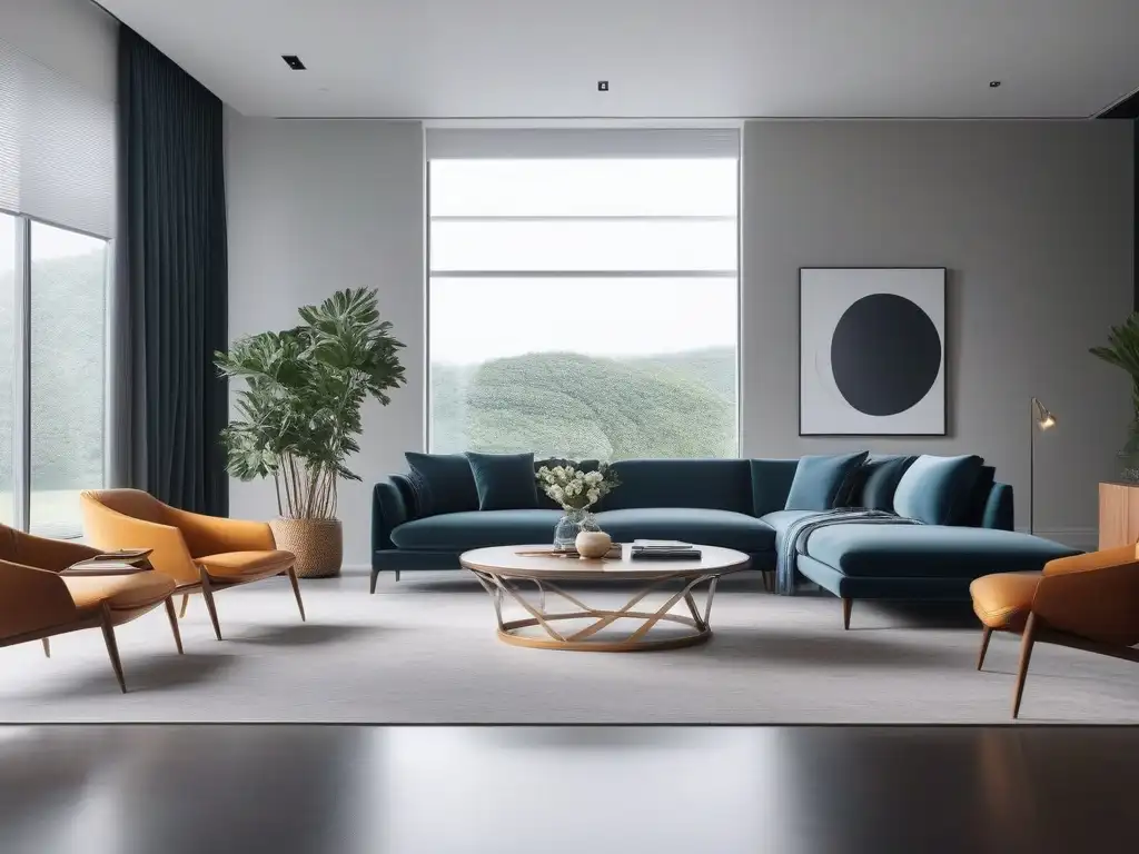 Sala de estar de lujo: minimalismo elegante y arte vibrante Sofisticado salón minimalista de lujo con muebles modernos en tonos neutros y arte abstracto vibrante en la pared