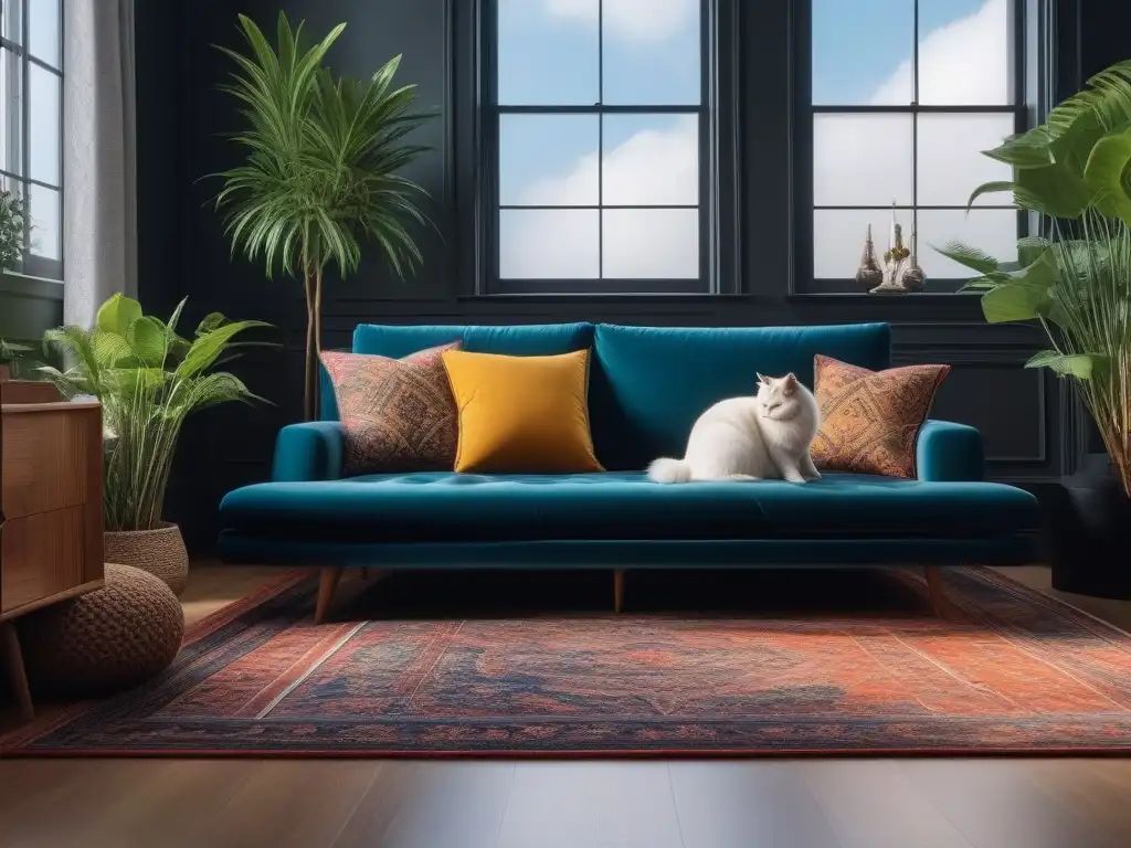 Salón moderno y lujoso con sofá resistente y decoración infantil Sofisticado salón con mobiliario de diseño resistente para niños, acogedor y elegante