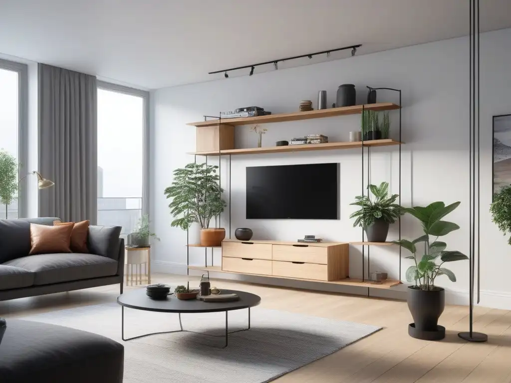 Soluciones de almacenamiento innovadoras para espacios pequeños Soluciones elegantes de mobiliario: Estantería moderna en un pequeño salón, con diseños innovadores y eficiencia en el espacio