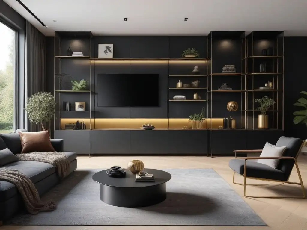 Salón moderno con unidad de almacenamiento minimalista en negro y oro Soluciones elegantes de mobiliario: Sala moderna con unidad de almacenamiento en negro mate y acentos dorados