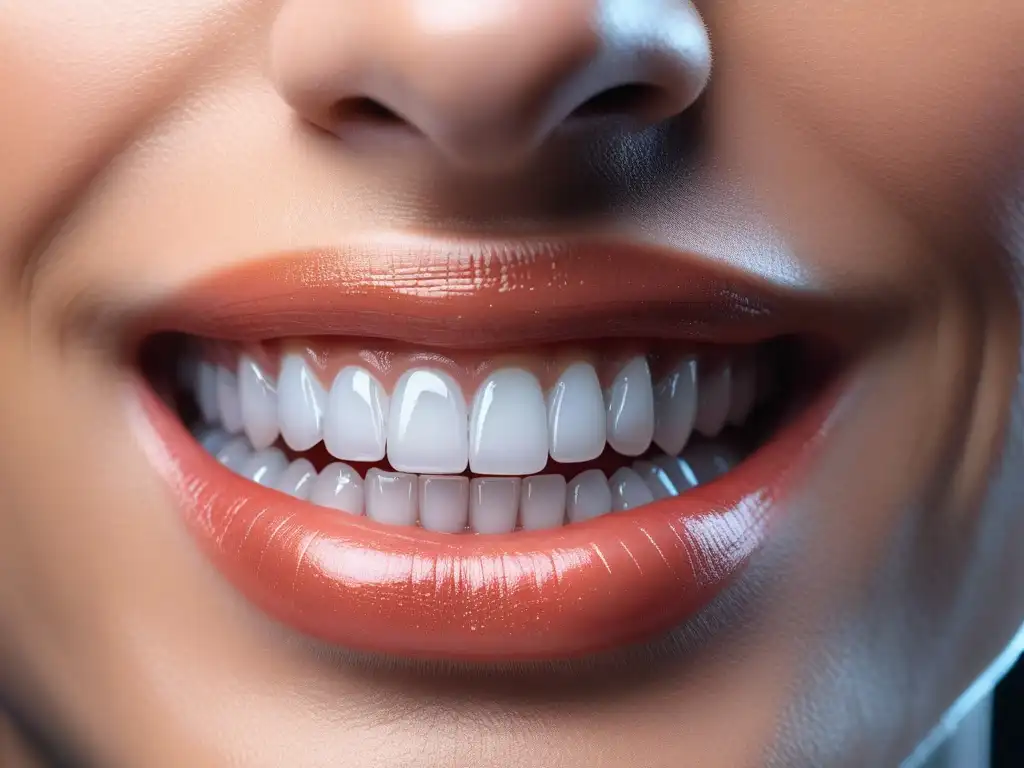 Sonrisa perfecta: detalle ultradetallado de dientes blancos tras tratamiento dental Una sonrisa radiante y perfecta tras tratamientos dentales cosméticos personalizados