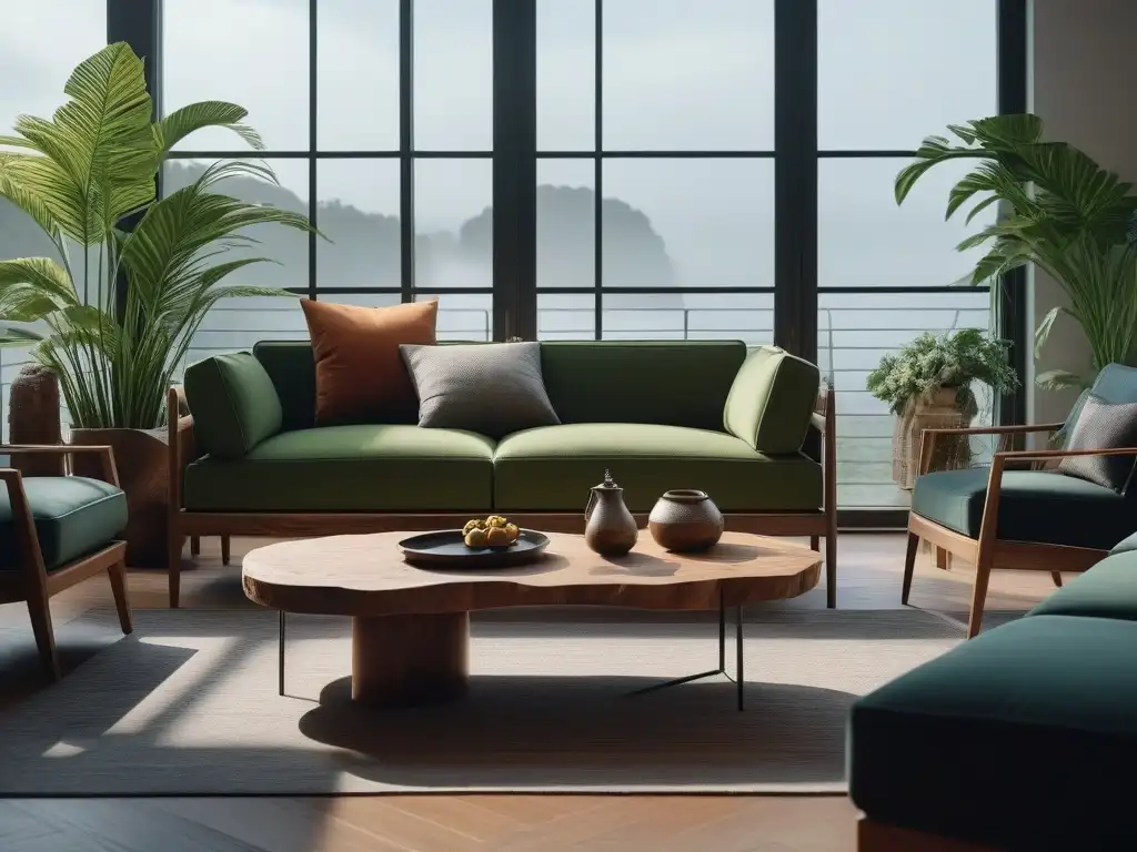 Elegante sala sostenible: sofá reciclado, mesa de madera y plantas verdes Decoración sostenible para hogar verde: Detalle de sala moderna con muebles eco-friendly y plantas