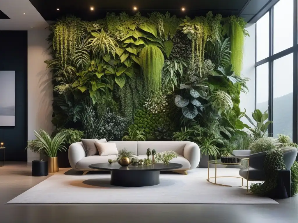Jardín vertical exuberante en sala minimalista Decoración sostenible para hogar verde: Jardín vertical en sala minimalista con plantas en tonos verdes y luz natural