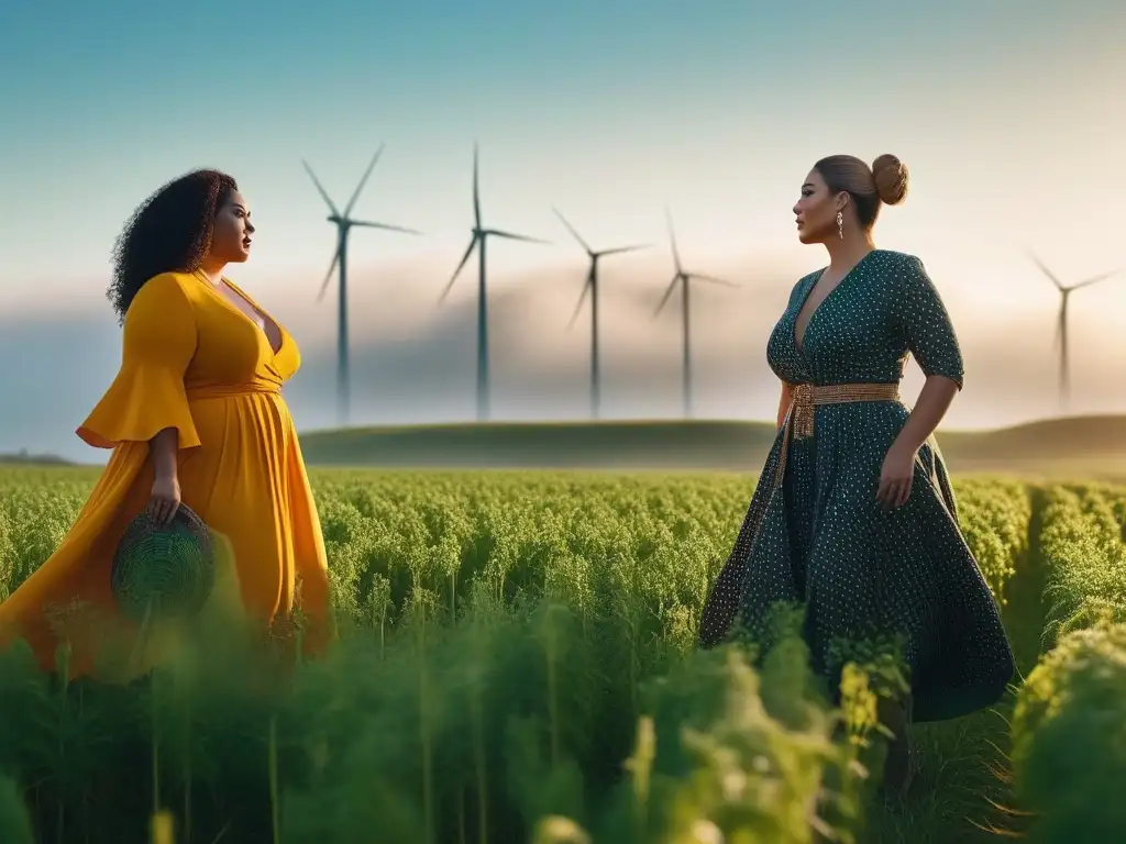 Modelos plus size en campo eco-friendly al atardecer Producción sostenible: modelos tallas grandes en campo verde con turbinas eólicas al atardecer