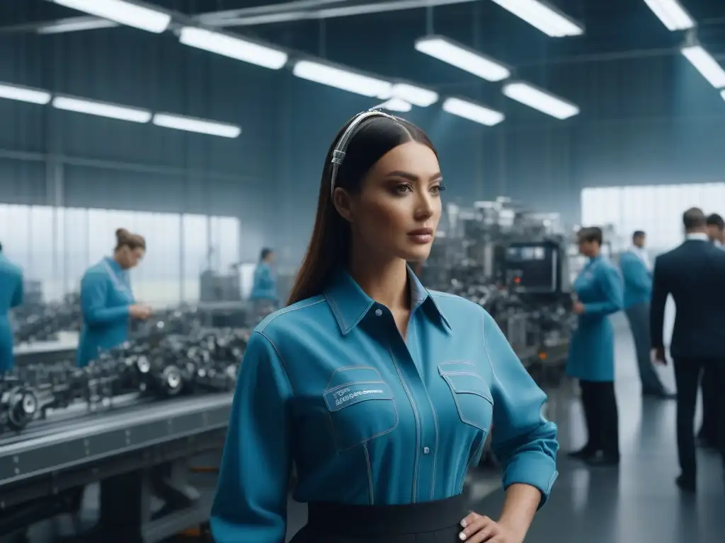 Factoría futurista de moda sostenible para tallas grandes Producción sostenible de tallas grandes en fábrica futurista, donde profesionales colaboran con maquinaria avanzada y materiales ecofriendly