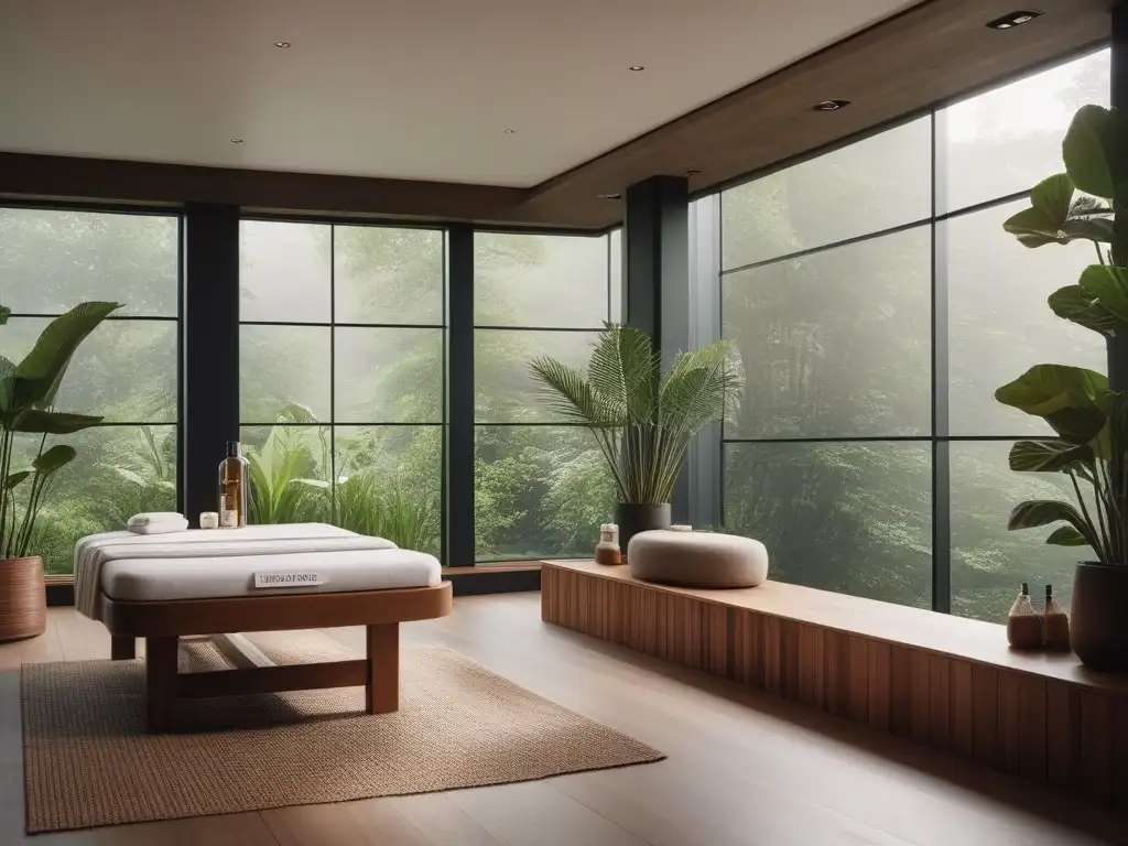 Spa ecológico: oasis de serenidad y belleza natural Un spa ecológico y sereno rodeado de vegetación exuberante, con decoración de madera natural y tonos terrosos suaves