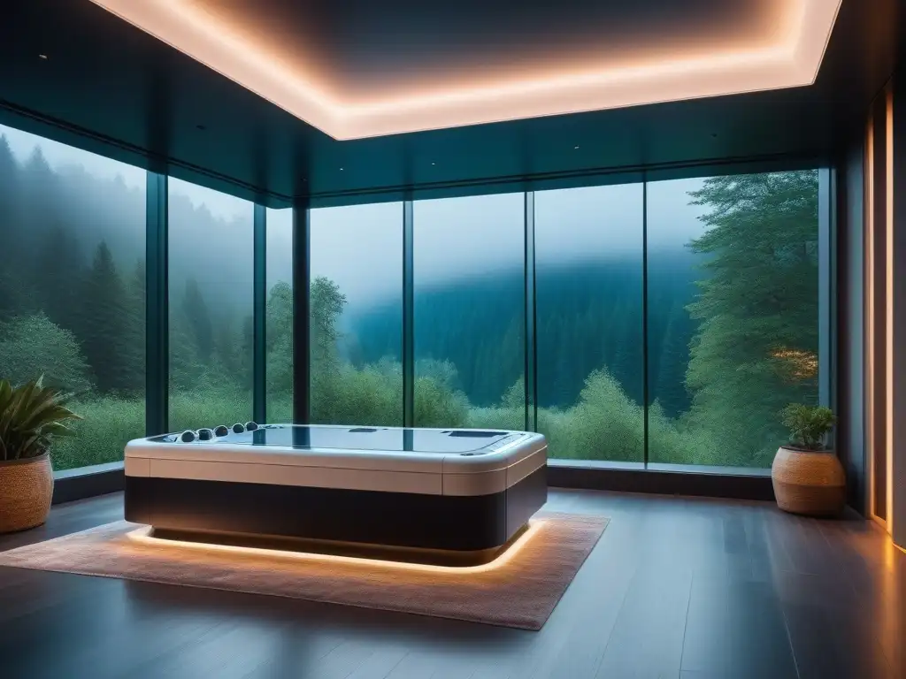 Spa futurista de lujo: vacío y serenidad Spa futurista con máquinas de vacío avanzadas y luces LED, promoviendo tratamientos reductores y modeladores corporales en un ambiente de calma y lujo