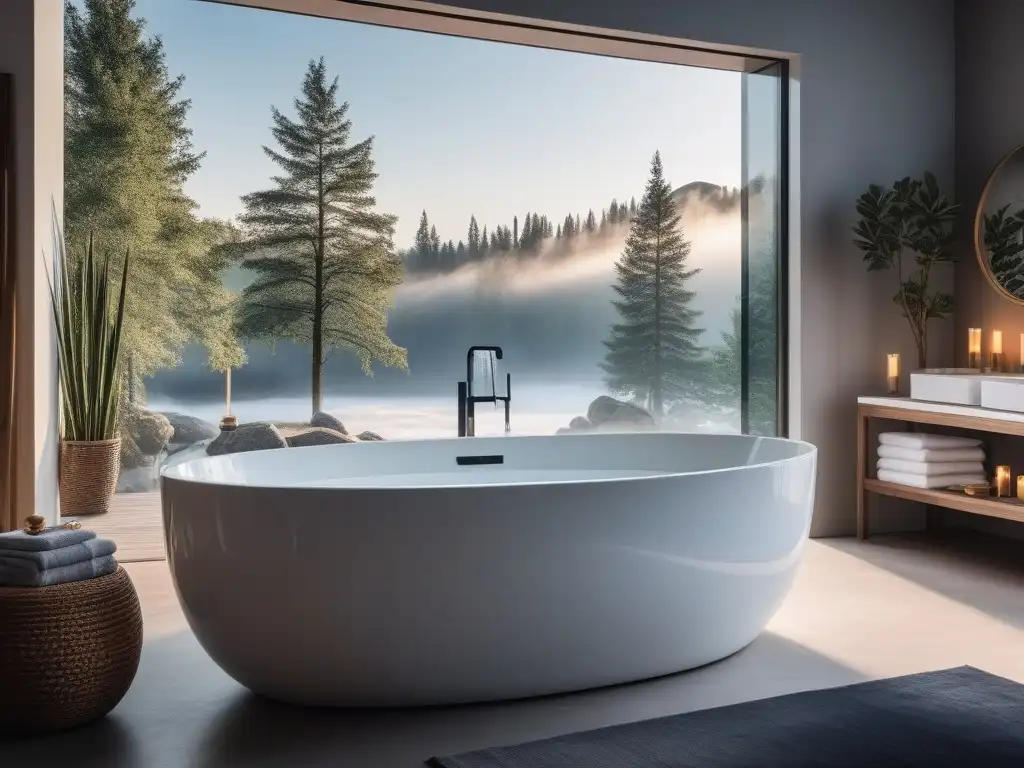 Baño de lujo con bañera freestanding y spa en casa Spa de lujo con bañera llena de burbujas, velas, toallas y Productos de belleza de lujo