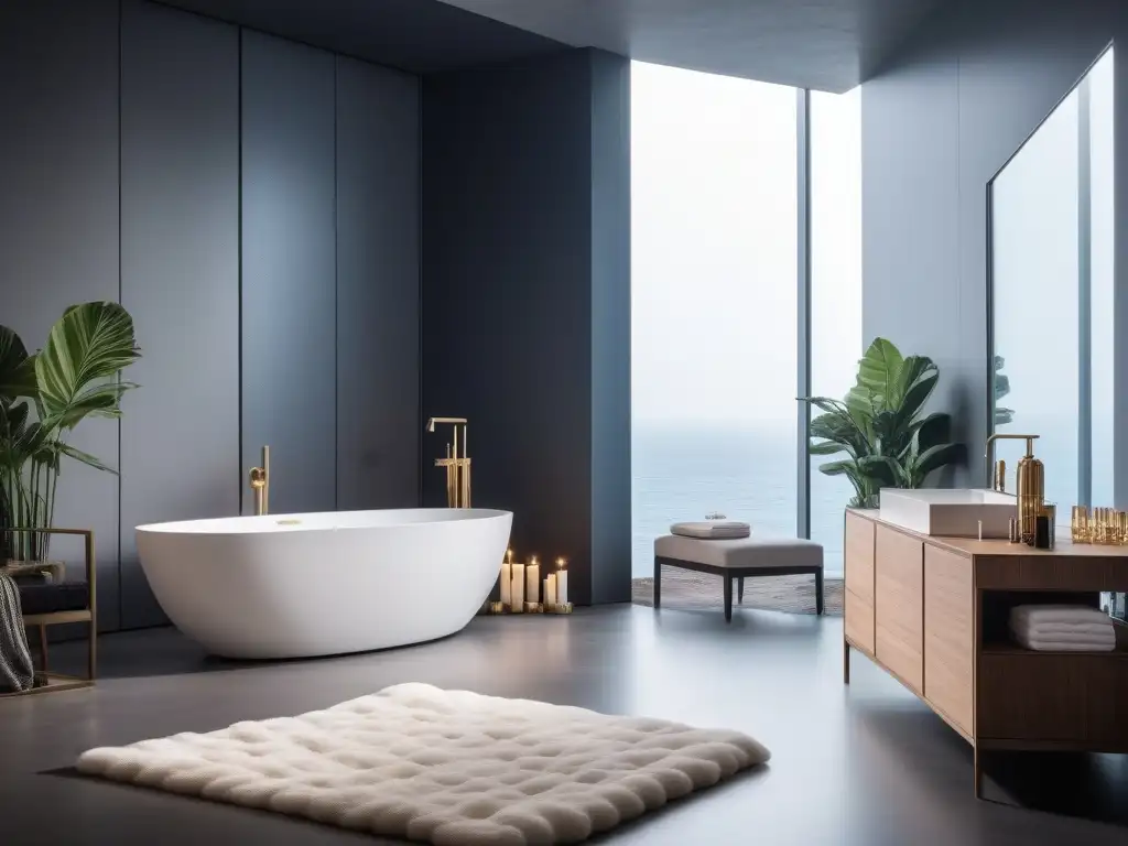 Spa de lujo: baño moderno con bañera y velas Spa de lujo con bañera llena de burbujas, velas elegantes, toallas mullidas y Productos de belleza de lujo en un ambiente sofisticado y relajante