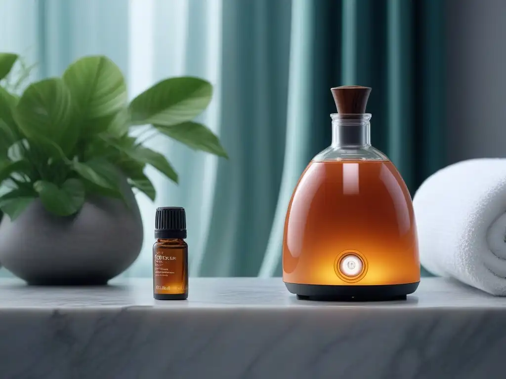 Spa de lujo: difusor de aceites esenciales en mármol Spa de lujo con difusor moderno y aceites esenciales, rodeado de plantas verdes