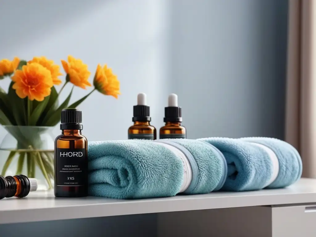 Exclusivo spa: esencias de lujo y elegancia Un spa lujoso con botellas elegantes de aceites esenciales beneficios cuidado personal en estante minimalista