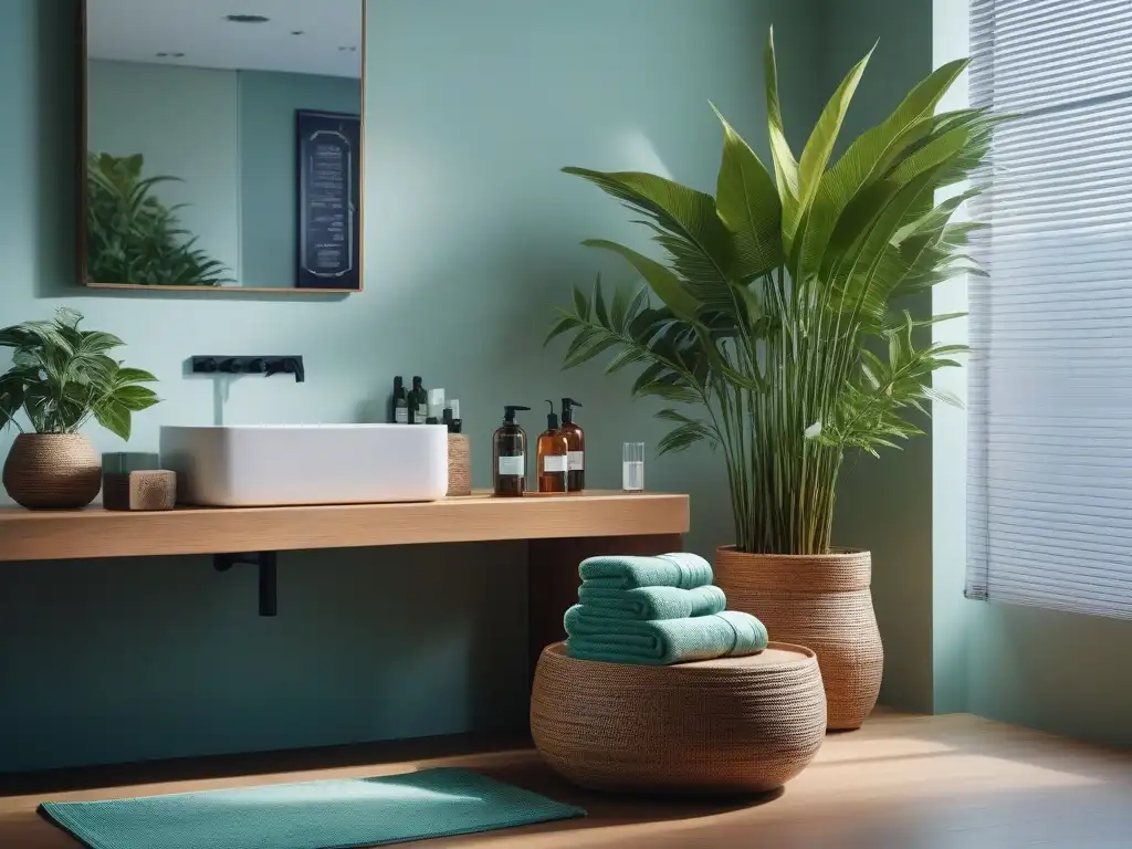 Spa ecológico: oasis de serenidad y lujo sostenible Un spa sereno con elementos ecofriendly como toallas de bambú, productos de belleza en envases de vidrio reciclado y plantas verdes