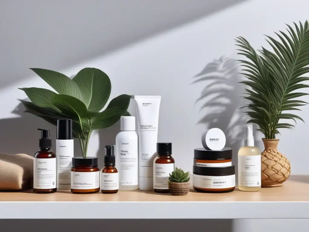 Spa orgánico: productos de cuidado de la piel en elegante estantería Un spa sereno con productos de cuidado de la piel en envases modernos y naturales