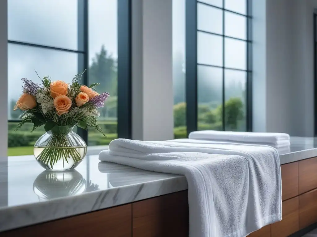 Spa de lujo: serenidad y relax en moderno ambiente Un spa sereno con tratamientos rejuvenecimiento sin cirugía, batas blancas, productos cuidado piel y vista al jardín