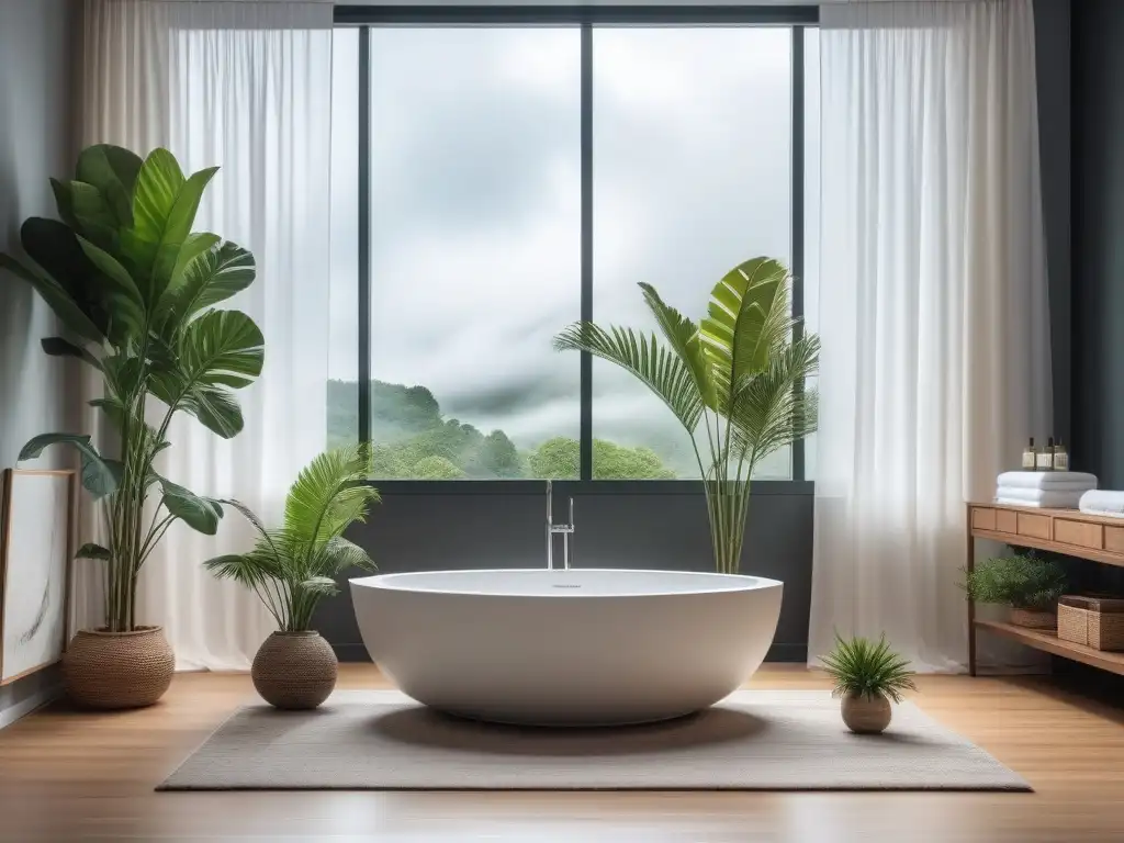 Spa minimalista con plantas verdes y productos cruelty-free Un spa tranquilo con decoración minimalista y productos de belleza veganos, creando una atmósfera serena y acogedora
