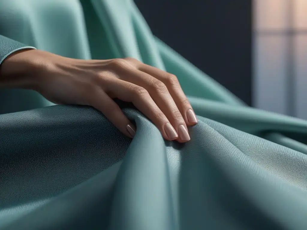 Suave tacto: Persona explorando textura de tela adaptable en tonos pastel Un suave y reconfortante tejido en tonos pastel, acariciado delicadamente por una mano