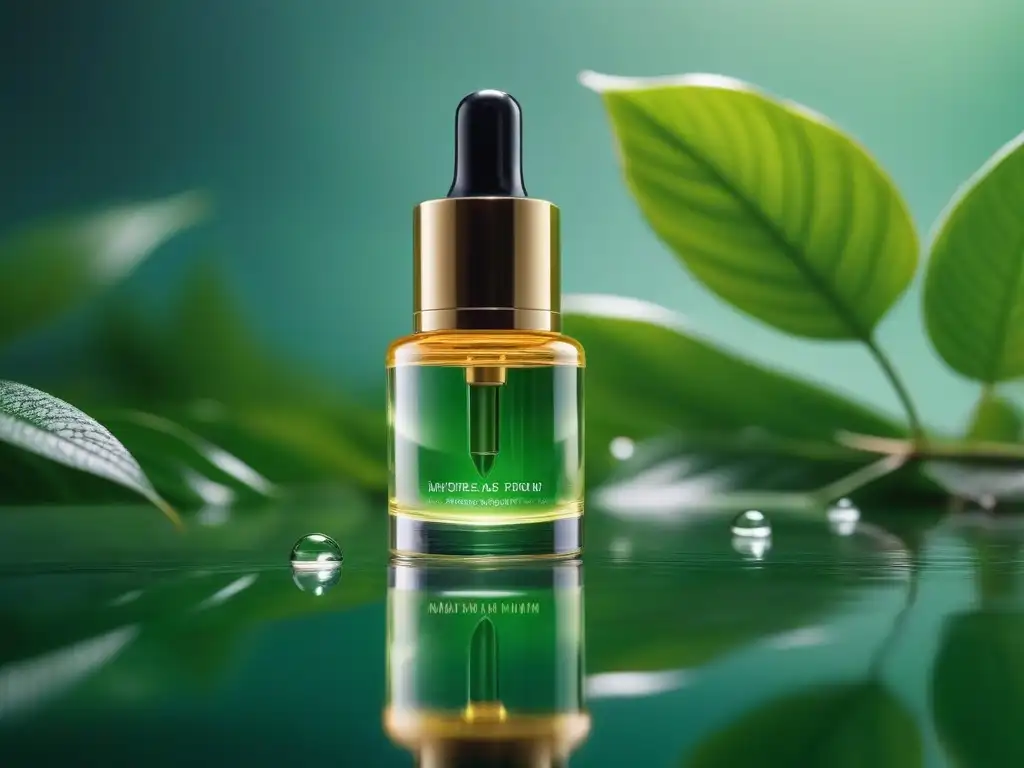 Suero de colágeno dorado: lujo natural para tu piel Un suero de lujo dorado para piel y articulaciones brilla en un elegante frasco transparente sobre hojas verdes y agua fresca