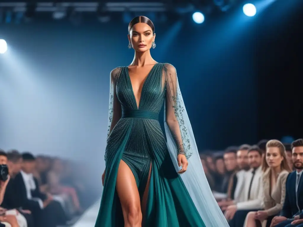 Supermodelo elegante deslumbra en pasarela con su poder y sofisticación Una supermodelo alta y elegante desfilando con confianza en la pasarela, irradiando poder y sofisticación