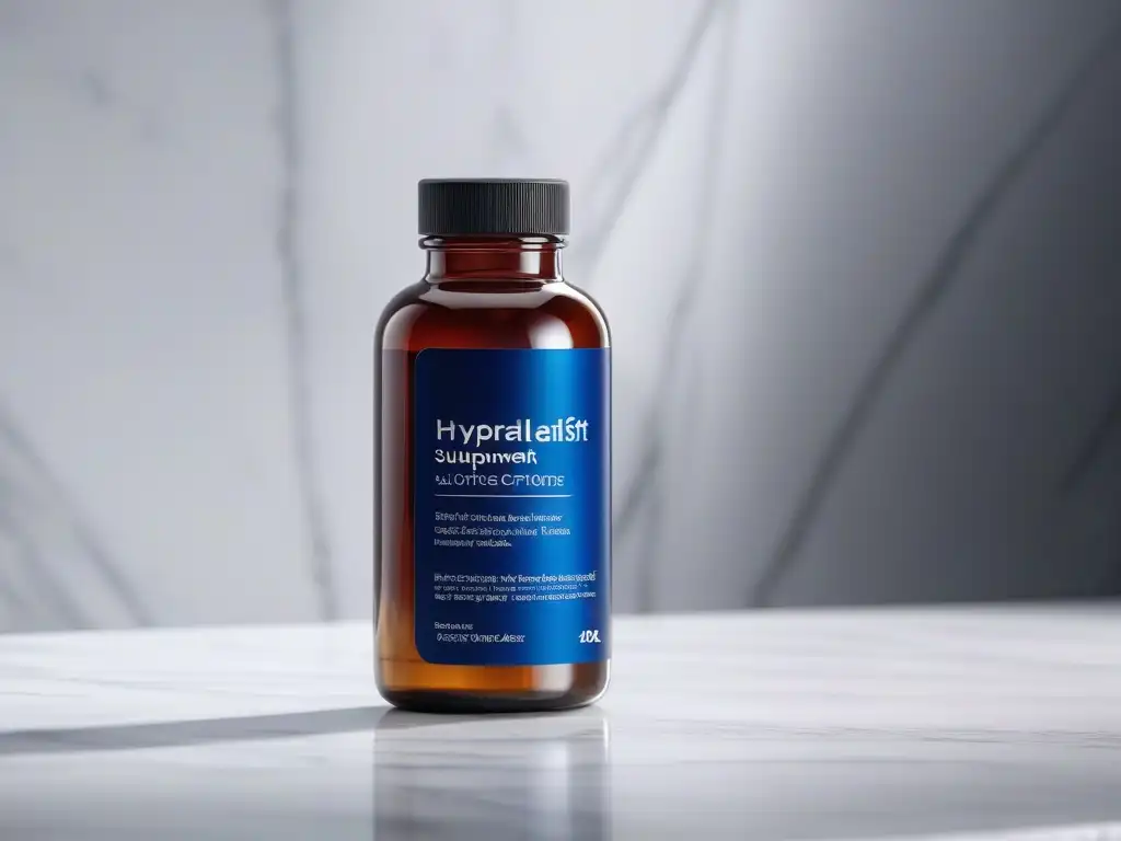 Botella de suplemento de lujo en mármol blanco - Imagen ultradetallada 8k Suplemento alta gama para la salud mental en elegante botella en mármol, iluminación suave