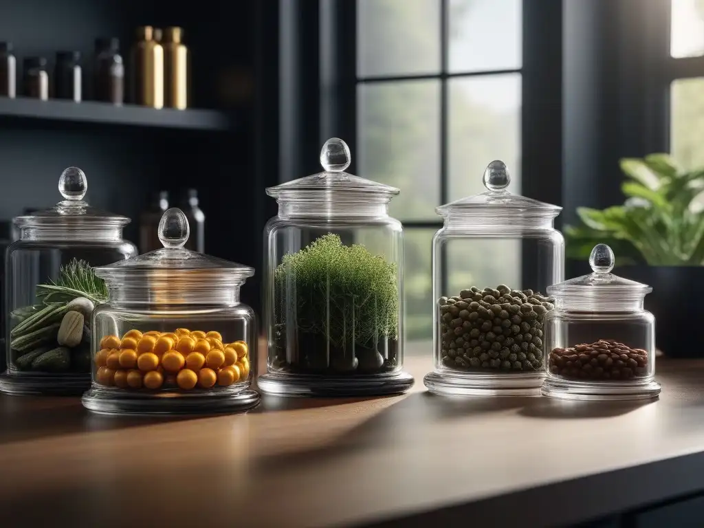 Suplementos de lujo en cocina moderna Suplementos alta gama salud mental en elegante cocina moderna con productos premium