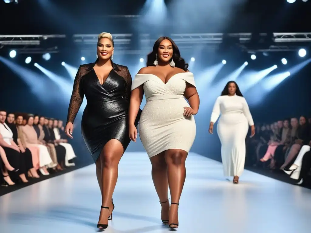 Desfile de moda inclusivo: modelos de talla grande empoderadas en 8k Suplementos moda tallas especiales: Desfile de modelos de talla grande empoderadas y elegantes en pasarela de moda moderna
