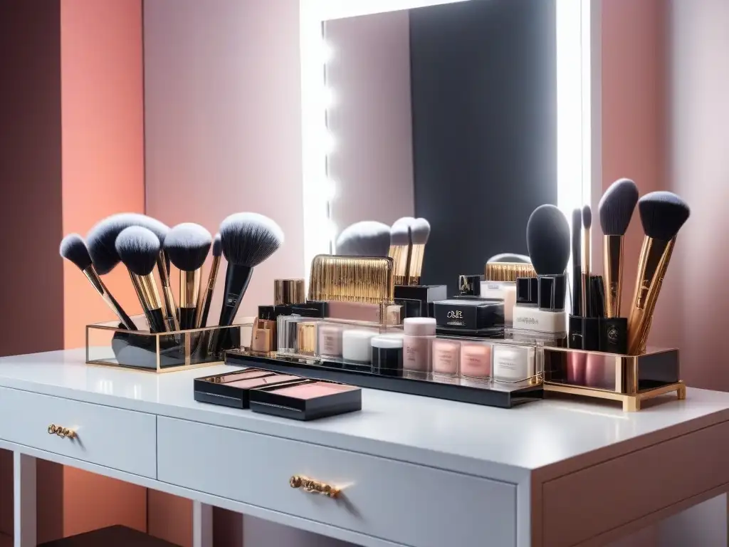 Vanity de maquillaje de lujo: glamour y elegancia Vanity table con maquillaje de alta gama eventos en elegante dressing room chic y minimalista