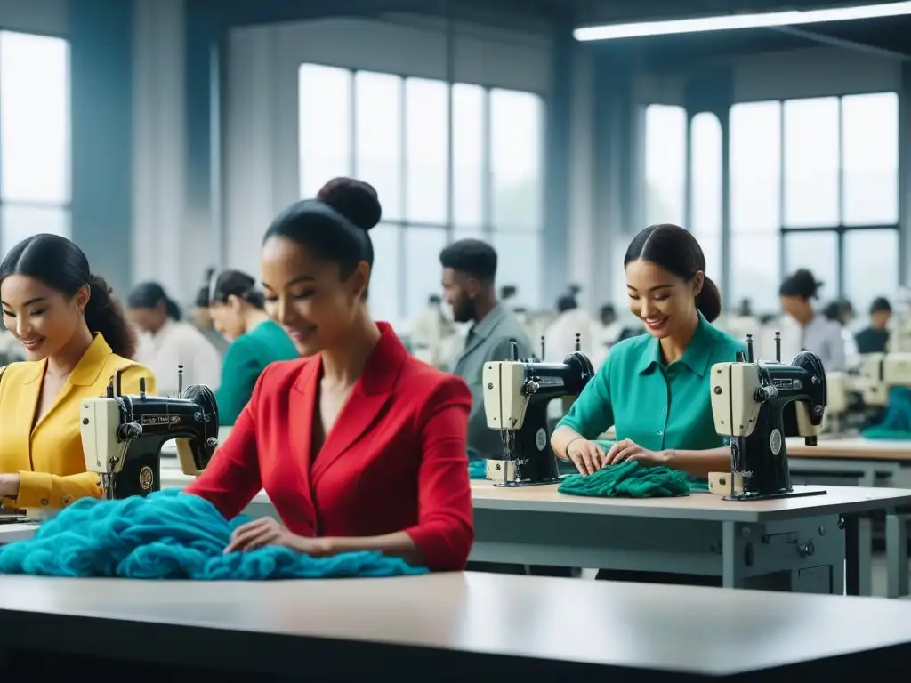 Trabajadores felices en fábrica sostenible Un taller de moda ética y sostenible SA8000 con trabajadores felices en un ambiente luminoso y limpio, cosiendo telas coloridas