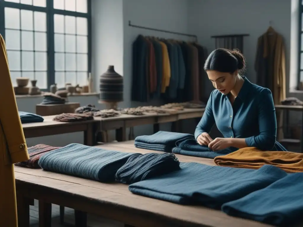 Artesanos creando moda sostenible con detalle y pasión Un taller de moda ética y sostenible SA8000 lleno de artesanos creando prendas con detalle y pasión