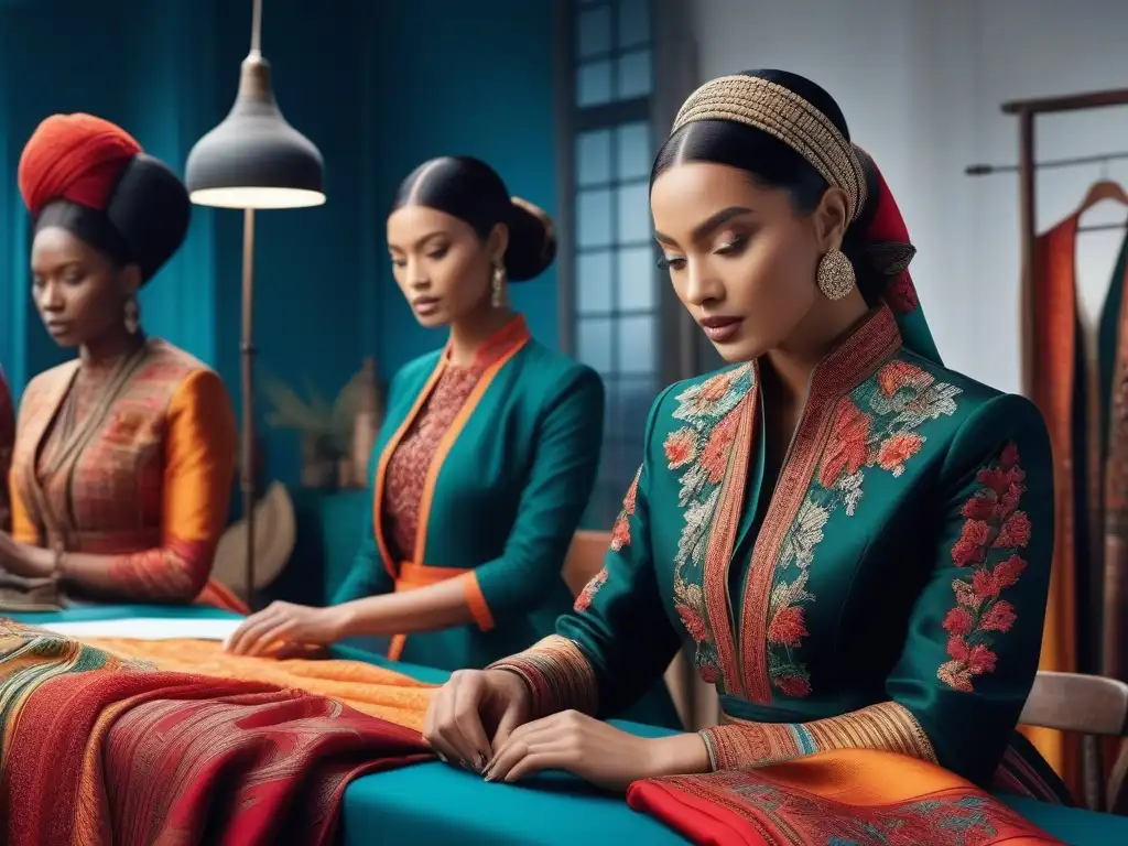 Diseñadores de moda creando fusiones étnicas innovadoras Un taller de moda étnica inclusiva y diversa, donde diseñadores de diferentes orígenes crean prendas únicas fusionando tradición y modernidad