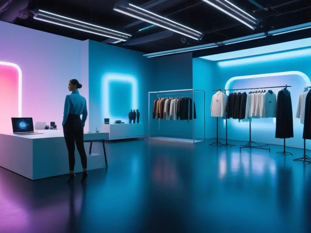 Atelier futurista: moda adaptable y tecnología de vanguardia Un taller de moda futurista con tecnología avanzada creando prendas adaptativas para todos
