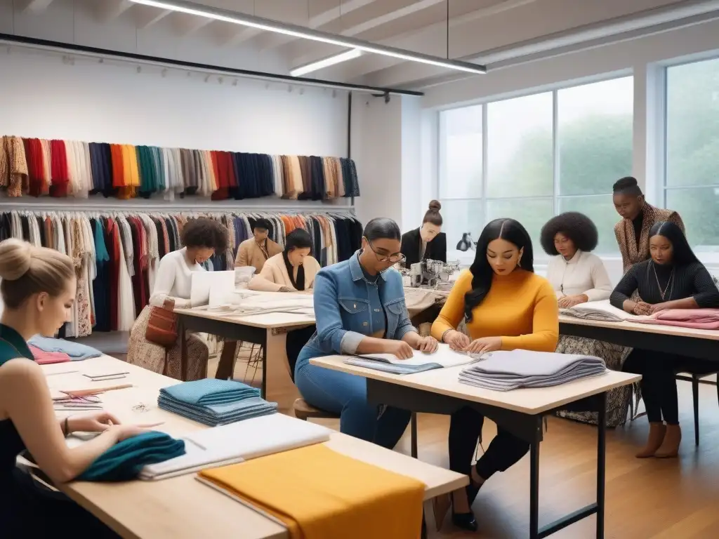 Taller de moda inclusivo: estudiantes crean colección innovadora Un taller de moda inclusivo y creativo con estudiantes de diversas edades, géneros y etnias colaborando en piezas innovadoras