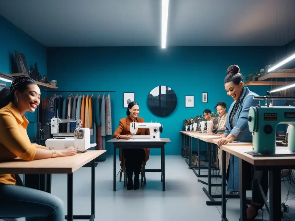 Workshop de moda inclusivo: diversidad, creatividad y empoderamiento Un taller de moda inclusivo: personas de diferentes edades, géneros y etnias diseñando y cosiendo en un espacio moderno y luminoso