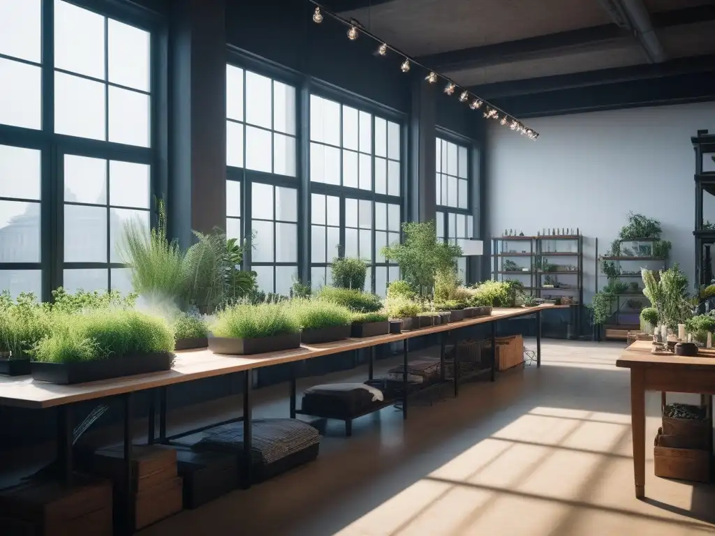 Atelier de moda eco-friendly: diseñadores crean con pasión Un taller de moda moderno y ecológico con diseñadores trabajando apasionadamente en diseños sostenibles, rodeados de telas y plantas, cumpliendo con estándares ambientales ISO 14001 moda