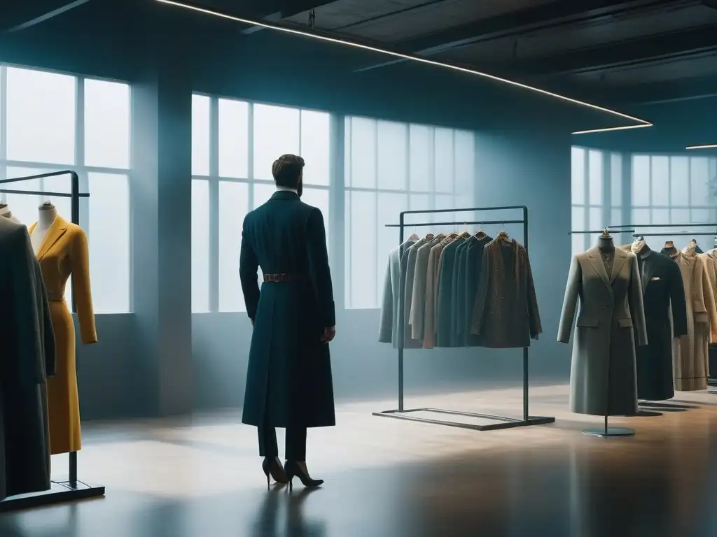 Atelier de moda ética: transparencia y artesanía sostenible Un taller de moda moderno y transparente donde diseñadores crean prendas sostenibles