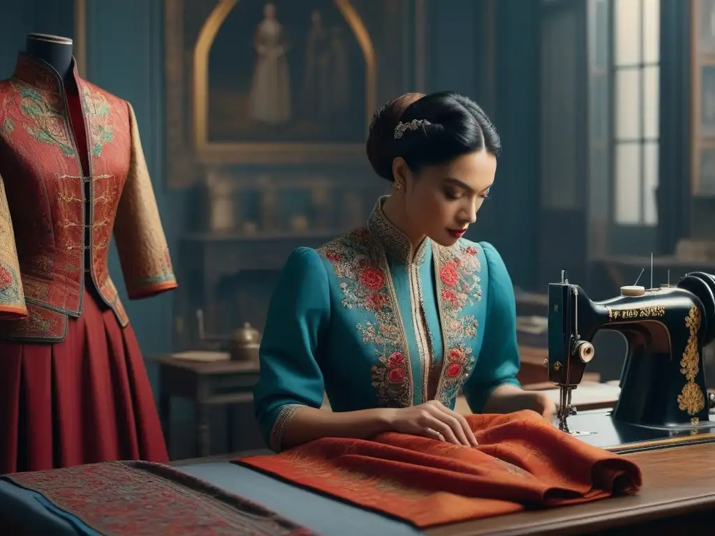 Atelier de moda: tradición y diseño contemporáneo en armonía Un taller de moda vibrante y moderno, con costureras de diferentes edades creando juntas prendas tradicionales