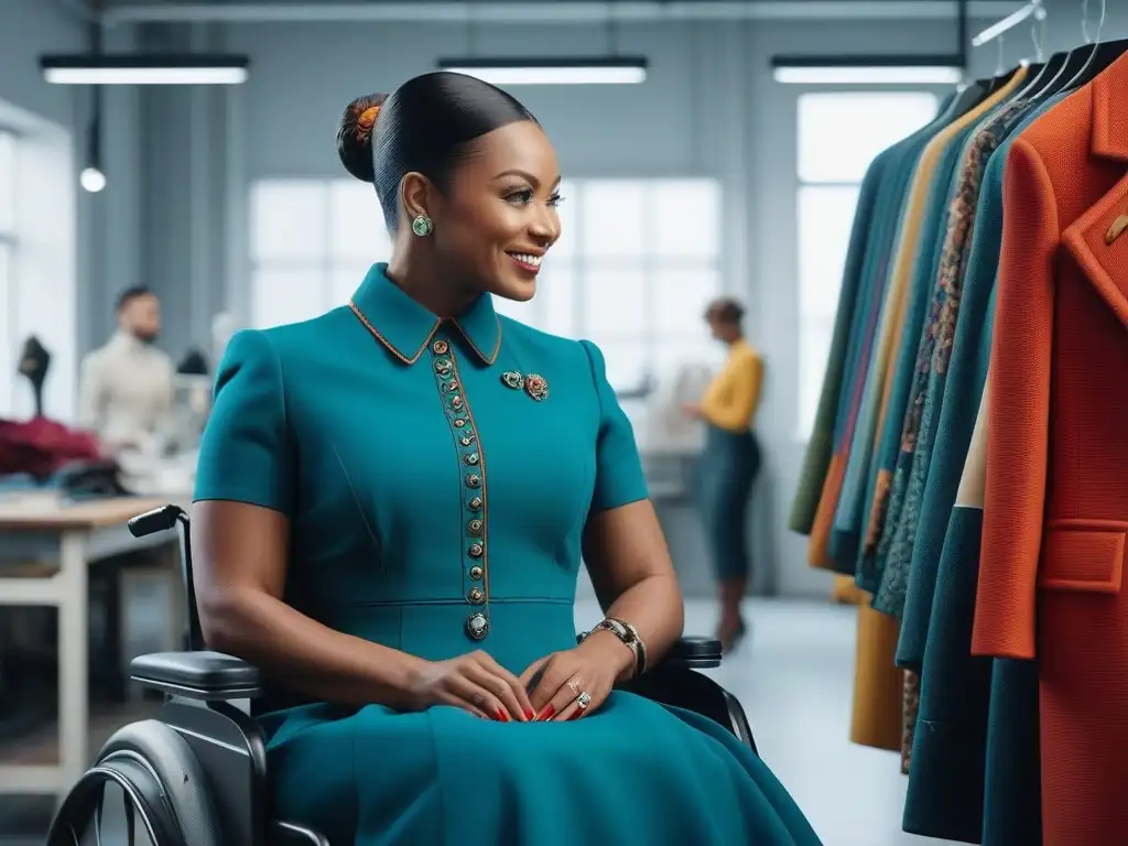Emprendedores inclusivos crean moda única Un taller moderno y colorido con empresarios de la moda inclusiva, uniendo fuerzas y sonriendo
