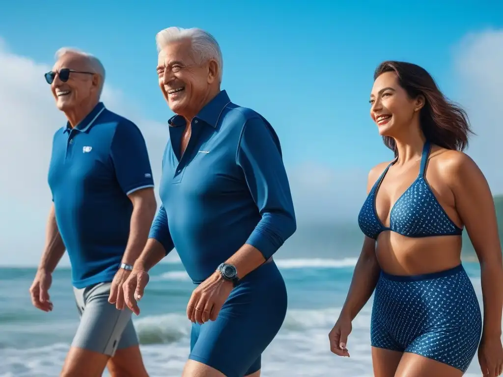 Seniors radiantes: moda de baño moderna para disfrutar del sol Una tarde inolvidable en la playa para seniors con elegantes trajes de baño, disfrutando del sol y las olas