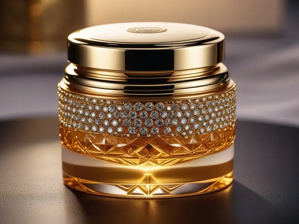 Crema facial de lujo: oro y diamantes con glamour Un tarro de crema facial de lujo, con detalles en oro y diamantes, bajo una suave luz natural