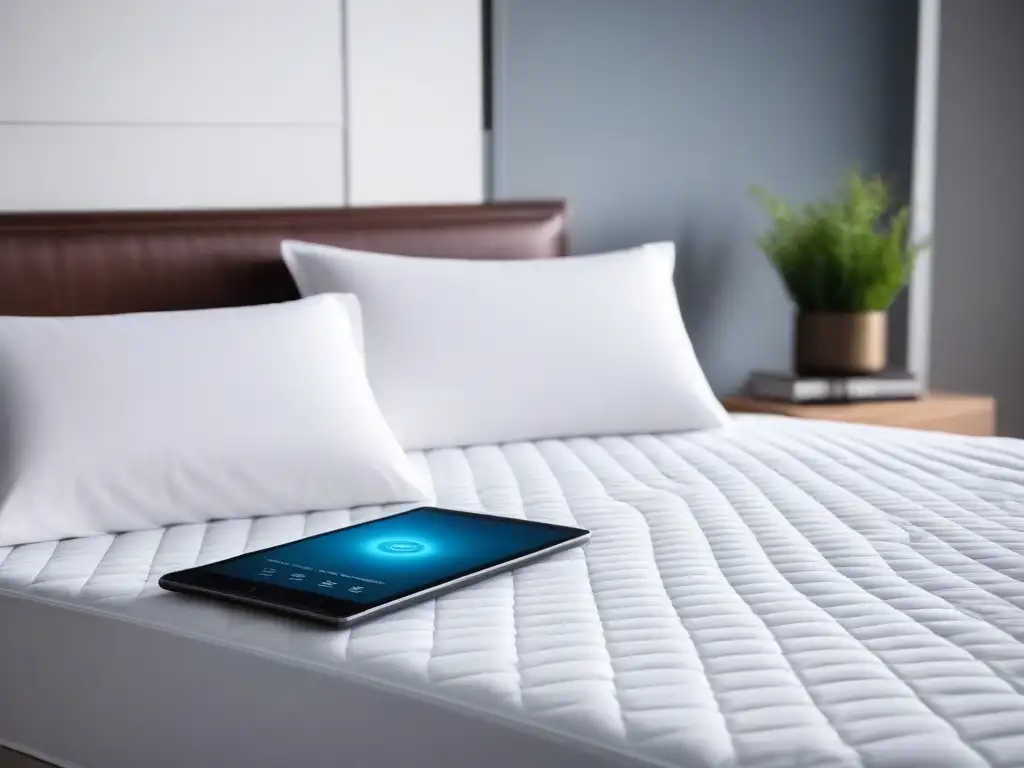 Colchón inteligente futurista: duerme mejor con tecnología innovadora Tecnología de sueño reparador en cama estándar con sensores y luces LED, mostrando a una persona durmiendo pacíficamente en una cama estándar