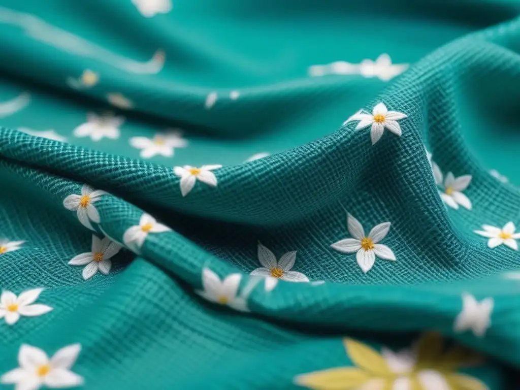 Textil sostenible: fusión de estilo y ecología en vibrantes colores Un tejido biodegradable con diseño innovador en tonos verdes y azules, fusionando flores y formas geométricas