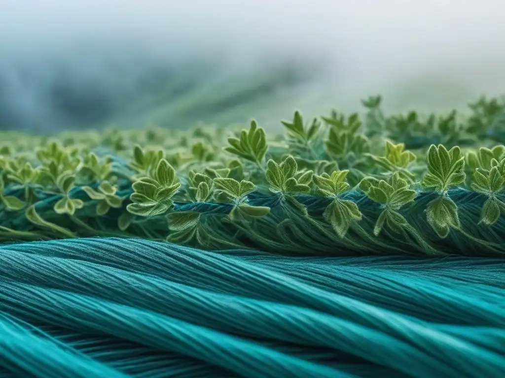 Tejido de algas marinas: creación sostenible en azules y verdes Tejido detallado en telar moderno con fibras de algas marinas, patrones marinos en azules y verdes