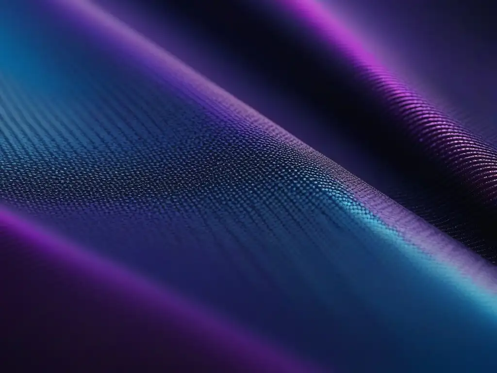 Tejido tecnológico: patrón cambiante en azules y morados Un tejido tecnológico que cambia de patrón, con hilos metálicos vibrantes en azules y púrpuras, reflejando la luz de manera futurista